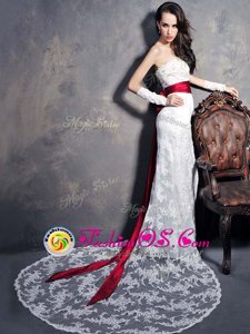 Stunning With Train White Bridal Gown Lace Brush Train Sleeveless Lace and Appliques and Bowknot and Belt