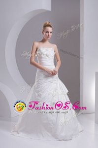 Luxurious Sleeveless Taffeta Brush Train Side Zipper Bridal Gown in White for with Hand Made Flower