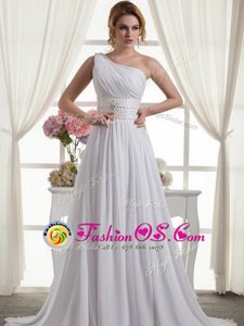 Wonderful White One Shoulder Neckline Beading and Ruching Wedding Dress Sleeveless Lace Up