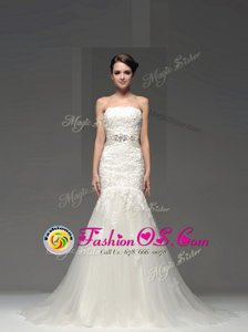 High End Mermaid White Sleeveless Brush Train Lace and Appliques With Train Wedding Gowns