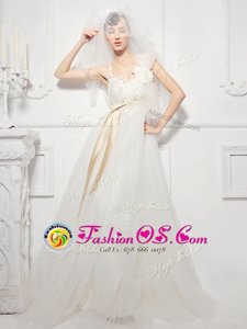 Beautiful Sleeveless Lace and Appliques and Belt and Hand Made Flower Lace Up Wedding Dresses