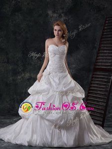 Luxurious White A-line Sweetheart Sleeveless Taffeta With Brush Train Lace Up Beading and Appliques and Pick Ups Wedding Dresses