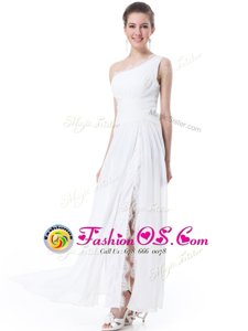 One Shoulder White Sleeveless Floor Length Lace Zipper Wedding Gowns