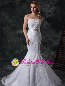 Best Mermaid Lace Strapless Sleeveless Lace Up Beading and Appliques and Belt Wedding Dress in White