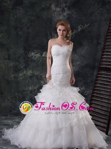 Sumptuous White Mermaid Organza Sweetheart Sleeveless Beading and Ruffled Layers With Train Lace Up Wedding Gowns