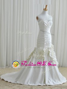 Excellent Mermaid White Zipper Wedding Gown Ruching and Hand Made Flower Sleeveless Floor Length Brush Train
