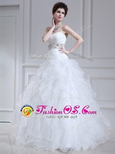 White Wedding Dresses Strapless Sleeveless Court Train Lace Up