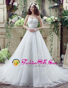 Court Train A-line Bridal Gown White Sweetheart Organza Sleeveless Lace Up