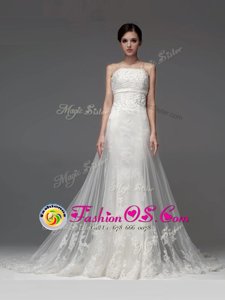 White Sleeveless Tulle Brush Train Lace Up Wedding Gown for Wedding Party