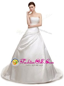 With Train Lace Up Wedding Dresses White and In for Wedding Party with Ruching Court Train