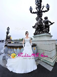 Short Sleeves With Train Beading and Lace and Appliques Lace Up Bridal Gown with White Sweep Train
