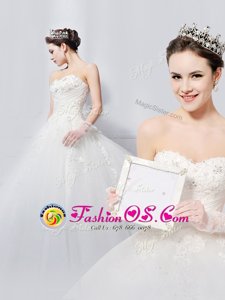 Glittering With Train Lace Up Wedding Gown White and In for Wedding Party with Beading and Appliques Brush Train