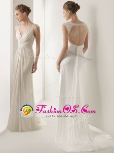 Enchanting White Empire V-neck Sleeveless Chiffon With Brush Train Backless Ruching Bridal Gown