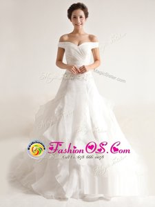 Most Popular Off the Shoulder With Train Zipper Wedding Gowns White and In for Wedding Party with Beading and Ruffles Court Train