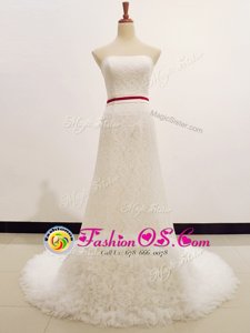 White Zipper Wedding Dress Lace Sleeveless Sweep Train