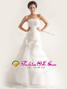 Beautiful White Mermaid Lace and Ruching and Hand Made Flower Wedding Dress Zipper Tulle Sleeveless