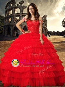 Captivating Off the Shoulder Sleeveless Tulle With Train Chapel Train Lace Up Sweet 16 Dress in Red with Beading and Ruffled Layers