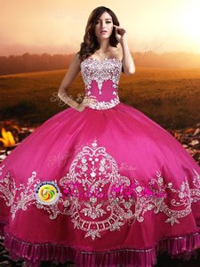 Floor Length Hot Pink Quinceanera Gowns Taffeta Sleeveless Beading and Embroidery