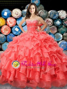 Flare Organza Sweetheart Sleeveless Lace Up Beading and Ruffles 15 Quinceanera Dress in Coral Red