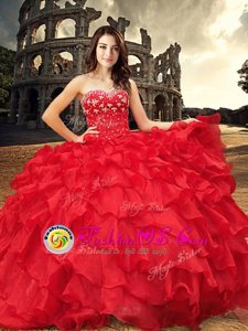 Customized Red Vestidos de Quinceanera Military Ball and Sweet 16 and Quinceanera and For with Beading and Ruffles Sweetheart Sleeveless Lace Up