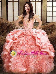 Pick Ups Ball Gowns 15th Birthday Dress Pink Off The Shoulder Organza and Taffeta Sleeveless Floor Length Lace Up