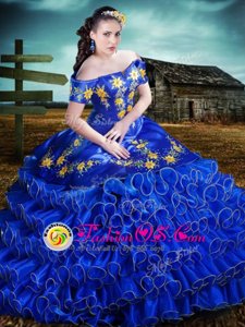 Off the Shoulder Embroidery and Ruffled Layers Sweet 16 Dresses Royal Blue Lace Up Short Sleeves Floor Length