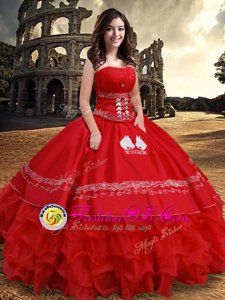 Red Ball Gowns Strapless Sleeveless Organza and Taffeta Floor Length Lace Up Embroidery and Ruffled Layers Quinceanera Dresses
