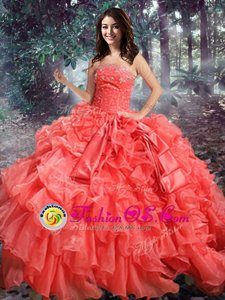 Nice Coral Red Ball Gowns Strapless Sleeveless Organza Floor Length Lace Up Beading and Ruffles Quinceanera Dresses