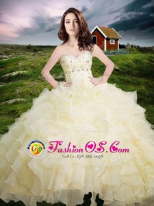 Enchanting Ruffled Light Yellow Sleeveless Organza Lace Up Sweet 16 Quinceanera Dress for Military Ball and Sweet 16 and Quinceanera