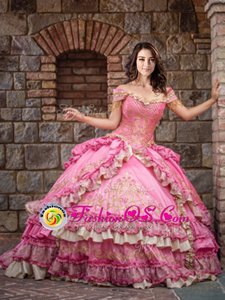 Shining Off the Shoulder Ruffled Floor Length Ball Gowns Sleeveless Rose Pink 15 Quinceanera Dress Lace Up