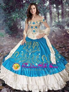 Off the Shoulder Teal Ball Gowns Embroidery and Ruffled Layers Sweet 16 Dresses Lace Up Taffeta Cap Sleeves