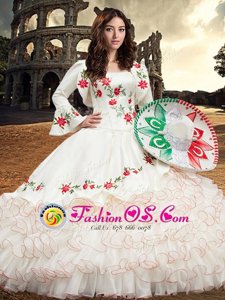 Red Organza and Taffeta Lace Up Sweetheart Sleeveless With Train 15 Quinceanera Dress Brush Train Embroidery and Ruffles