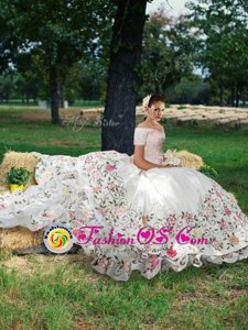 Glorious Off the Shoulder Beading and Embroidery and Ruffled Layers 15th Birthday Dress White Lace Up Short Sleeves Floor Length