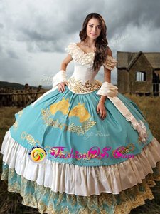 Nice Off the Shoulder Blue And White Lace Up 15 Quinceanera Dress Lace and Embroidery and Ruffled Layers Short Sleeves Floor Length