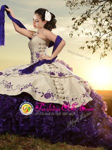 Traditional Sleeveless Organza and Taffeta With Brush Train Lace Up Vestidos de Quinceanera in White And Purple for with Embroidery and Ruffles