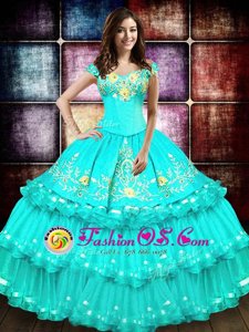 Captivating Off the Shoulder Floor Length Turquoise Quince Ball Gowns Organza Sleeveless Embroidery and Ruffled Layers