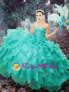 Captivating Floor Length Turquoise Ball Gown Prom Dress Organza Sleeveless Beading and Ruffled Layers