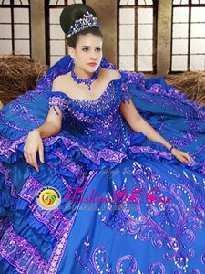 Ideal Off the Shoulder Royal Blue Satin Lace Up Quinceanera Gowns Sleeveless Floor Length Embroidery