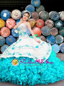 Deluxe Organza Sleeveless Floor Length Quinceanera Gown and Appliques and Embroidery and Ruffles