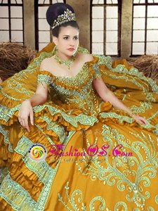 Gold Lace Up Off The Shoulder Embroidery Quince Ball Gowns Satin Sleeveless