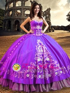 Romantic Purple Ball Gowns Satin Sweetheart Sleeveless Embroidery Floor Length Lace Up Sweet 16 Dresses