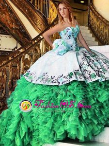 Lace Up Sweetheart Appliques and Embroidery and Ruffles Ball Gown Prom Dress Organza Sleeveless