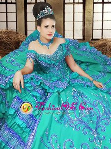 Affordable Turquoise Quinceanera Dress Military Ball and Sweet 16 and Quinceanera and For with Embroidery Off The Shoulder Sleeveless Lace Up