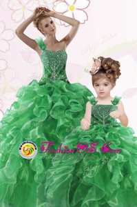 Popular Green Quince Ball Gowns Military Ball and Sweet 16 and Quinceanera and For with Beading and Ruffles One Shoulder Sleeveless Lace Up