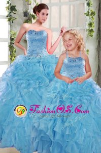 Lovely Organza Sweetheart Sleeveless Lace Up Beading and Ruffles Quinceanera Dresses in Aqua Blue