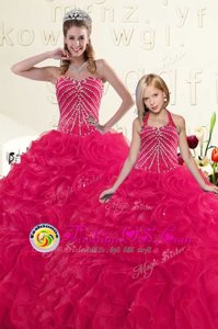 Hot Pink Sweetheart Neckline Beading and Ruffles 15th Birthday Dress Sleeveless Lace Up