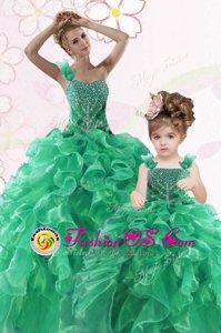 One Shoulder Green Organza Lace Up 15 Quinceanera Dress Sleeveless Floor Length Beading and Ruffles