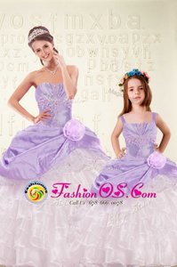 Vintage Purple Organza and Taffeta Lace Up Quinceanera Dresses Sleeveless Floor Length Beading and Ruffled Layers and Hand Made Flower