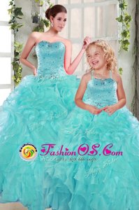 Perfect Organza Sweetheart Sleeveless Lace Up Beading and Ruffles Sweet 16 Dresses in Turquoise