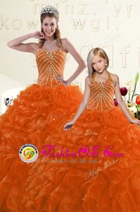 Fashionable Orange Ball Gowns Organza Sweetheart Sleeveless Beading and Ruffles Floor Length Lace Up Vestidos de Quinceanera